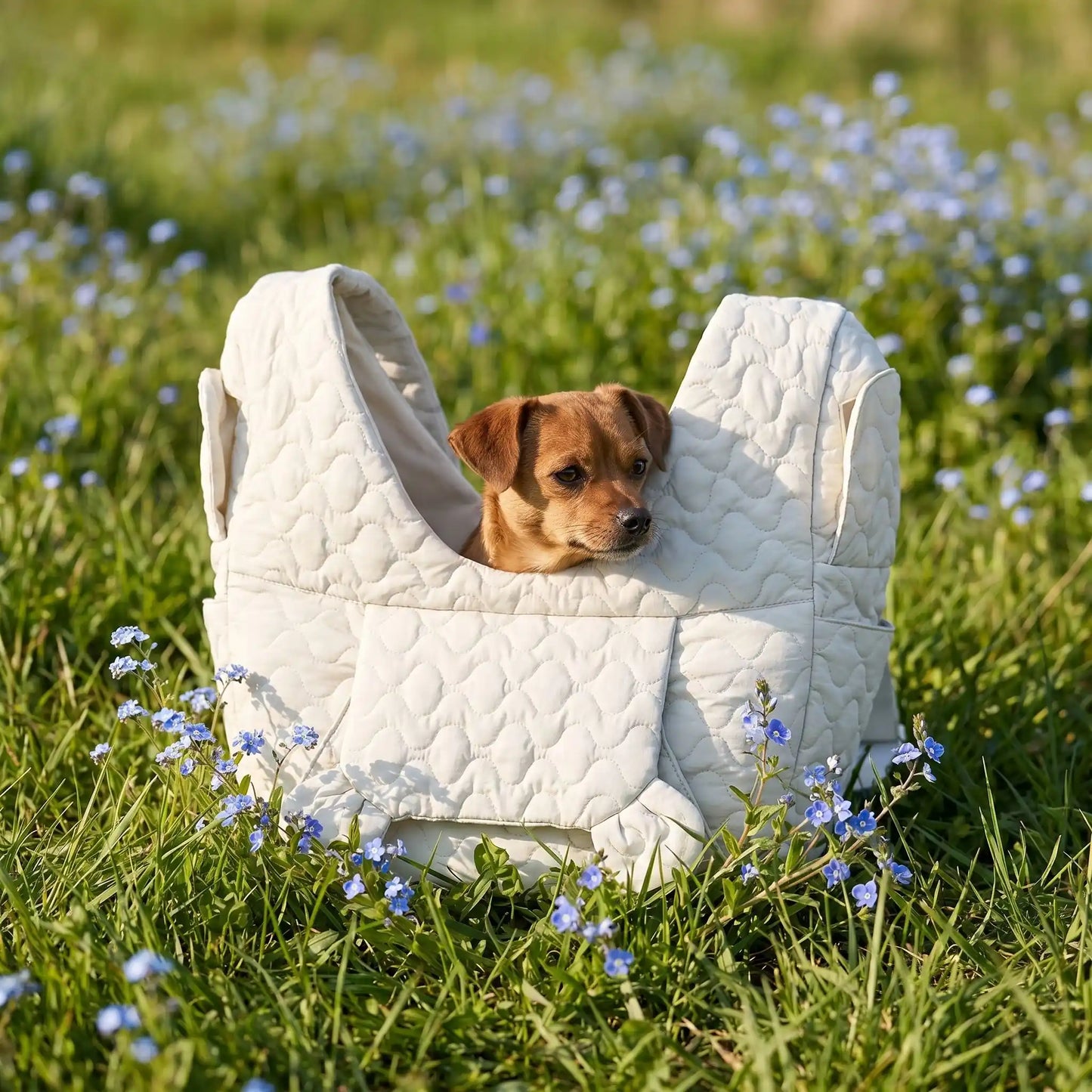 blanc sac a dos chien brun