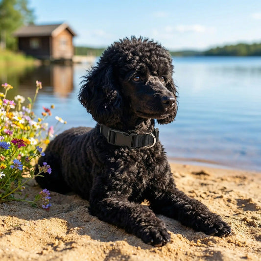 caniche noir collier chien plage