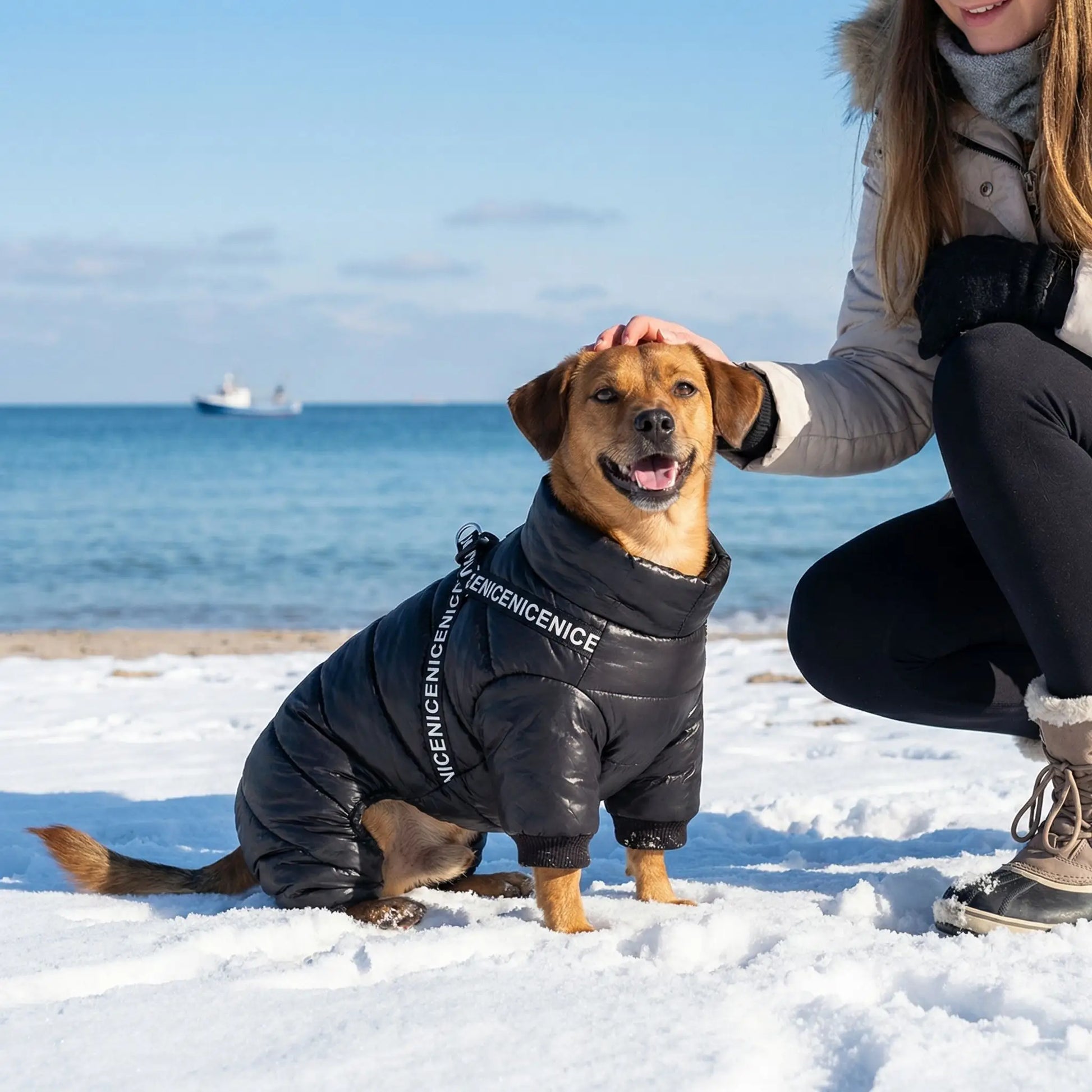 chien manteau noir mer