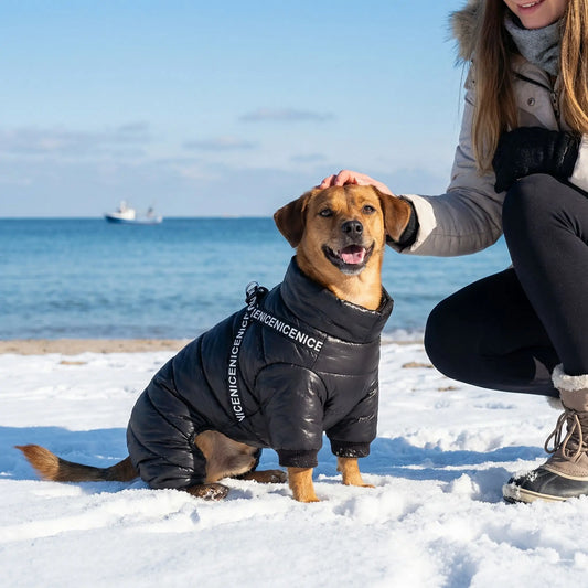 chien manteau noir mer