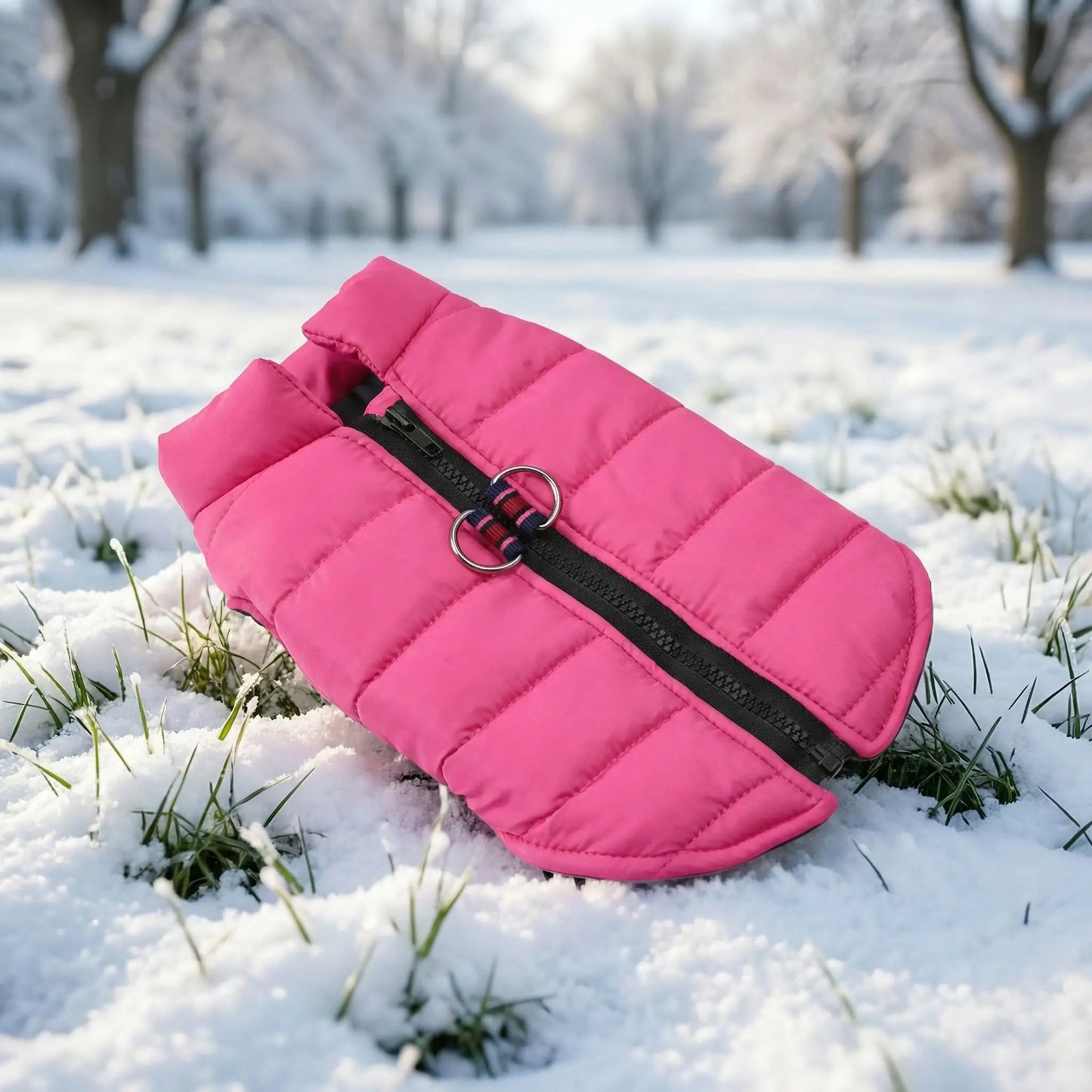 chien manteau rose arbres 