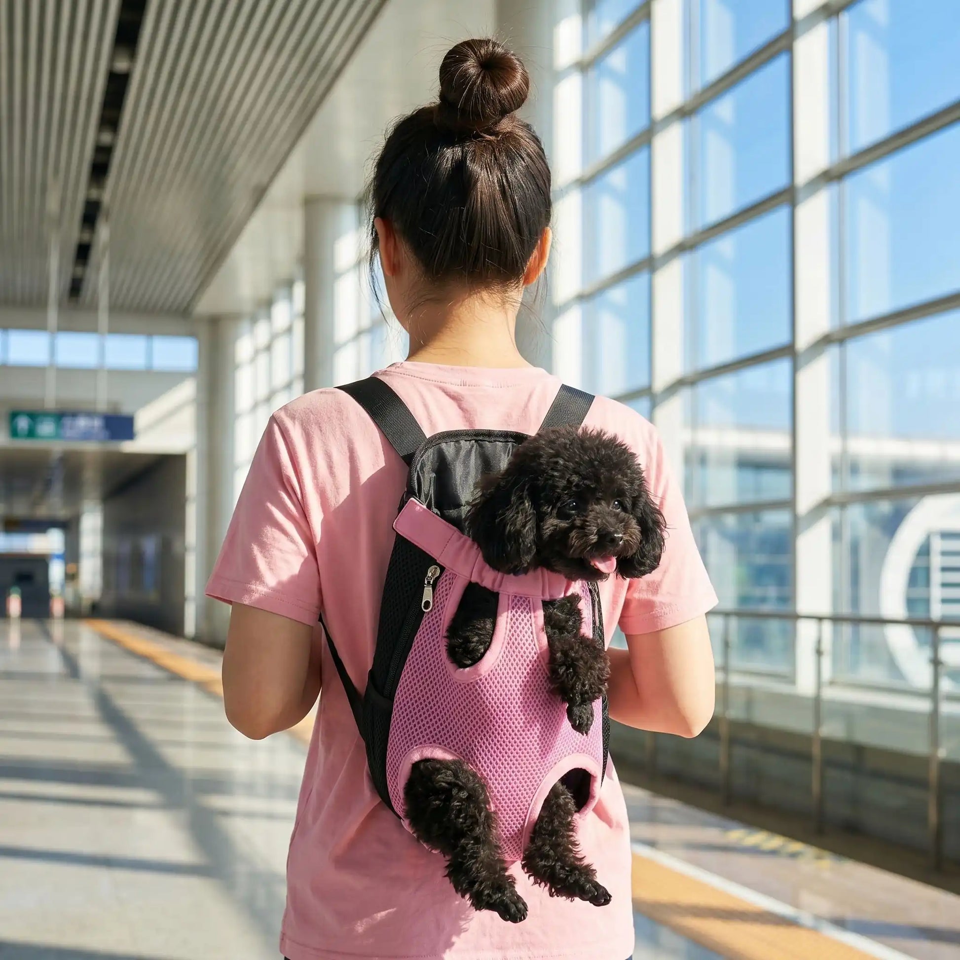 jeune femme rose sac a dos chien 