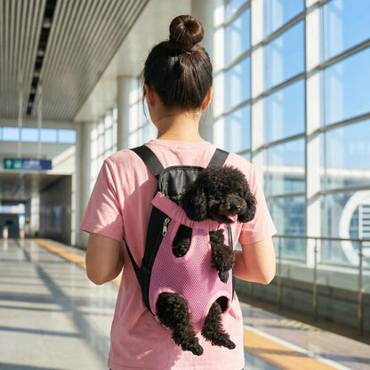 jeune femme rose sac a dos chien 