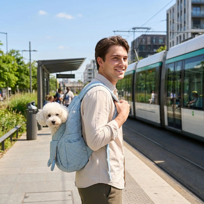 jeune homme sac a dos chien tram