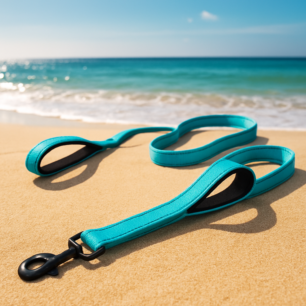 laisse de chien turquoise plage