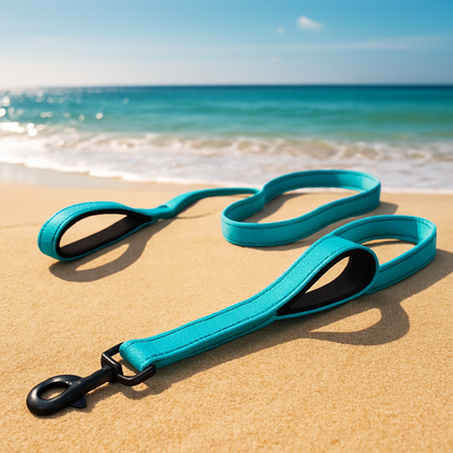 laisse de chien turquoise plage