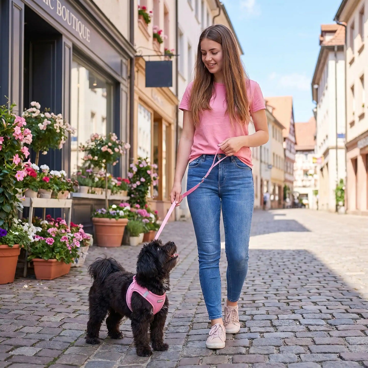 laisse rose chien harnais anti traction 