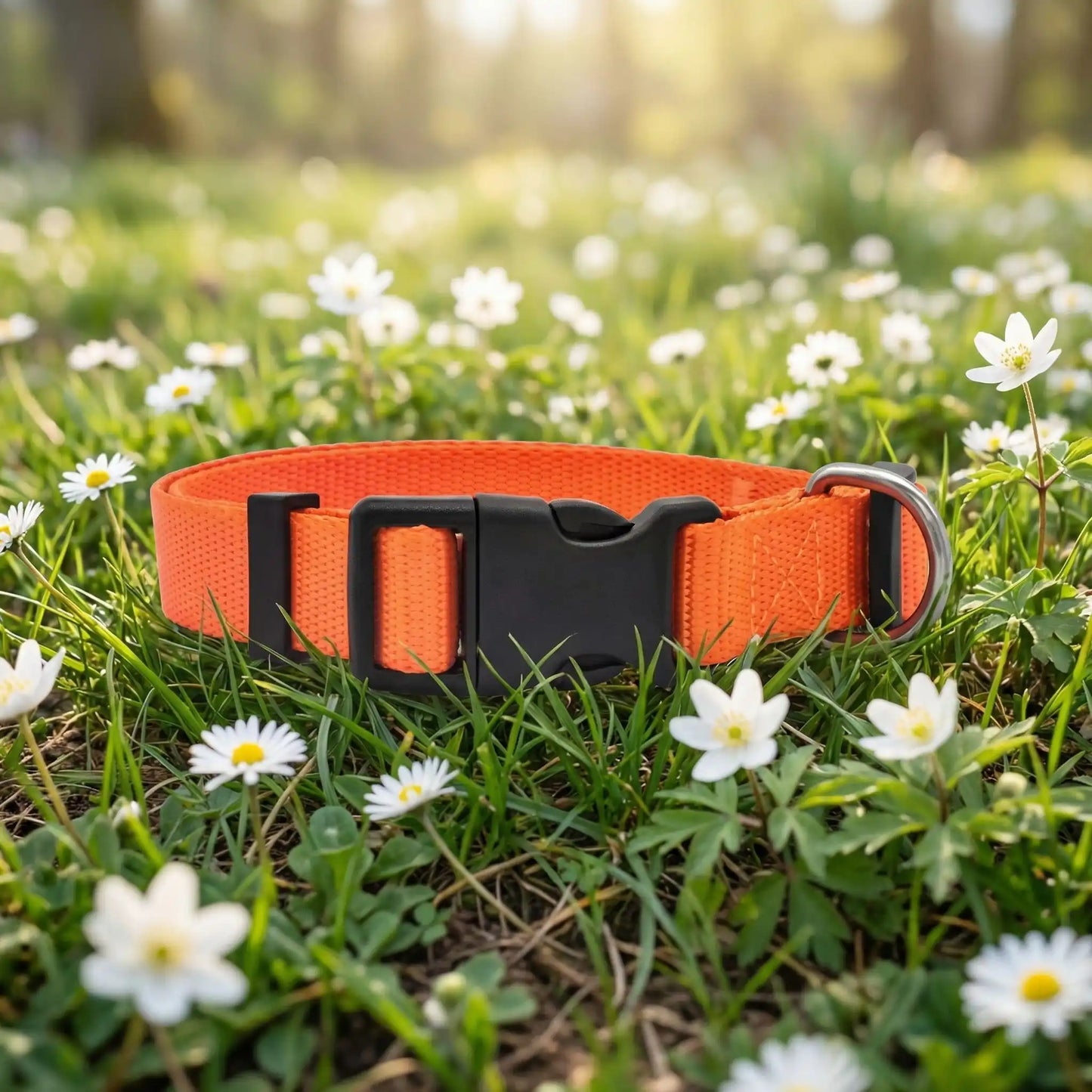 orange collier chien fleurs blanches 