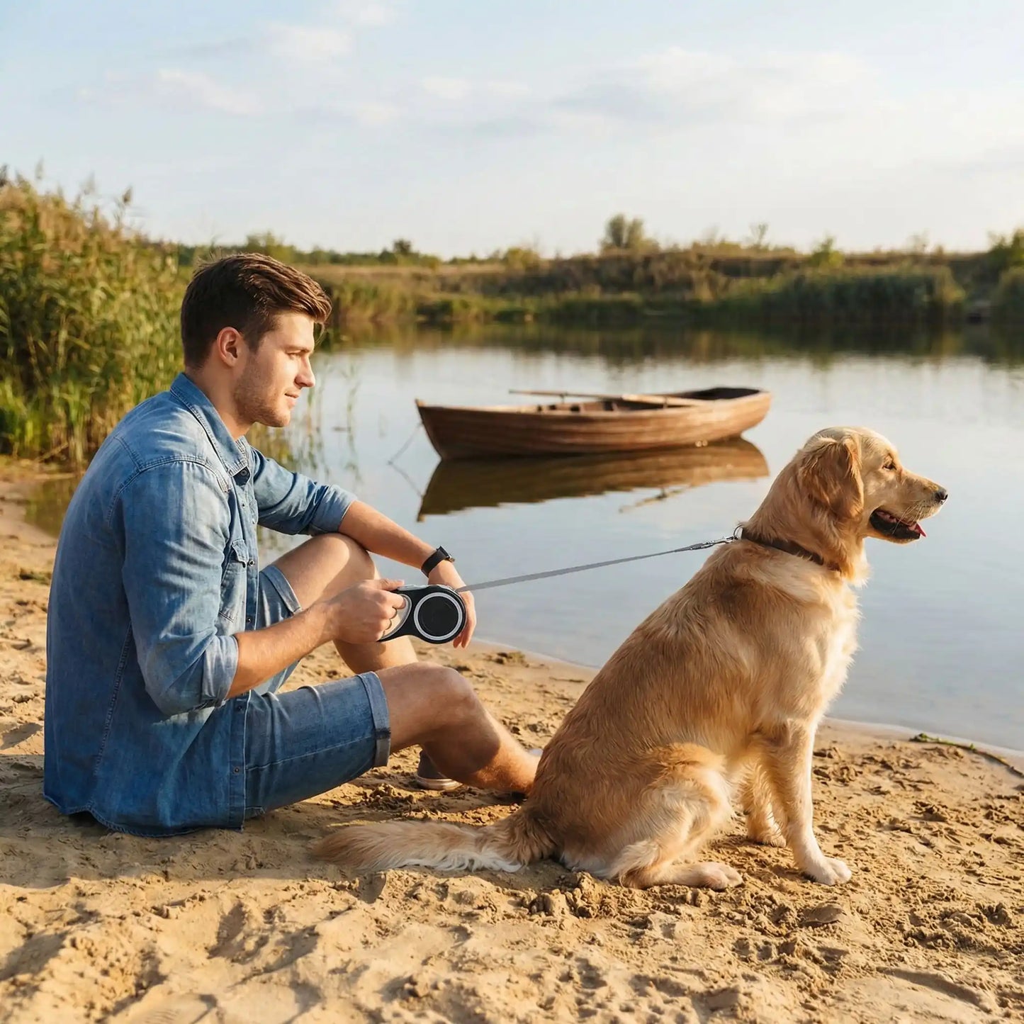 plage monsieur longe chien 
