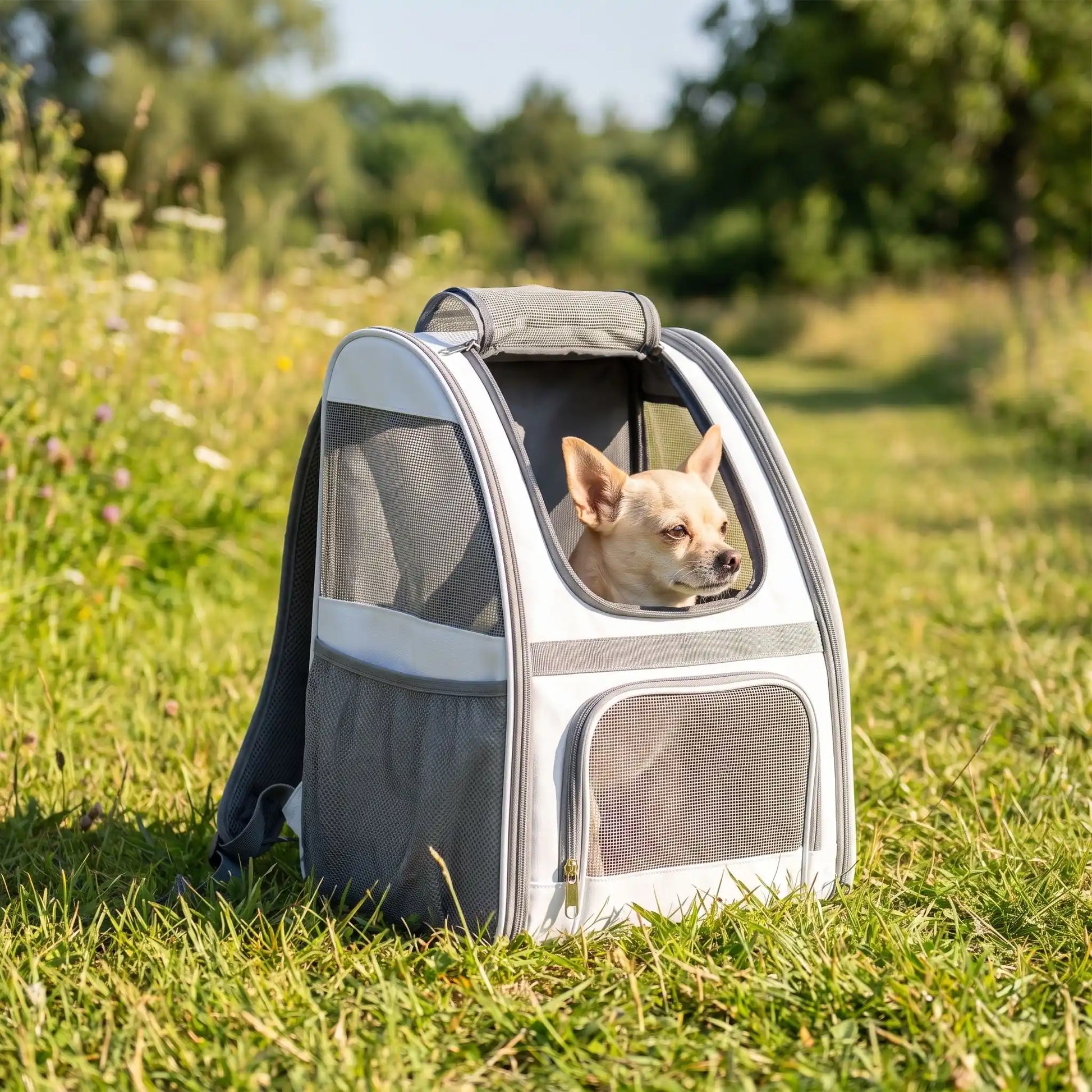 sac a dos chien blanc nature