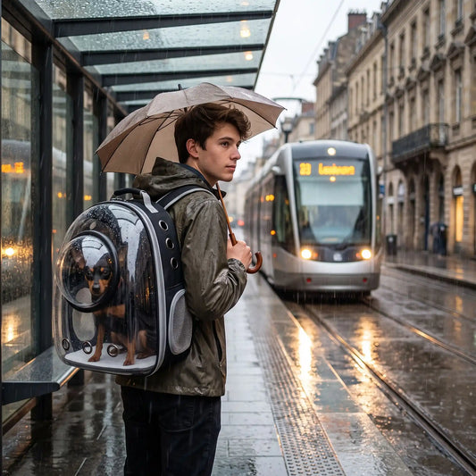 sac a dos chien sous la pluie