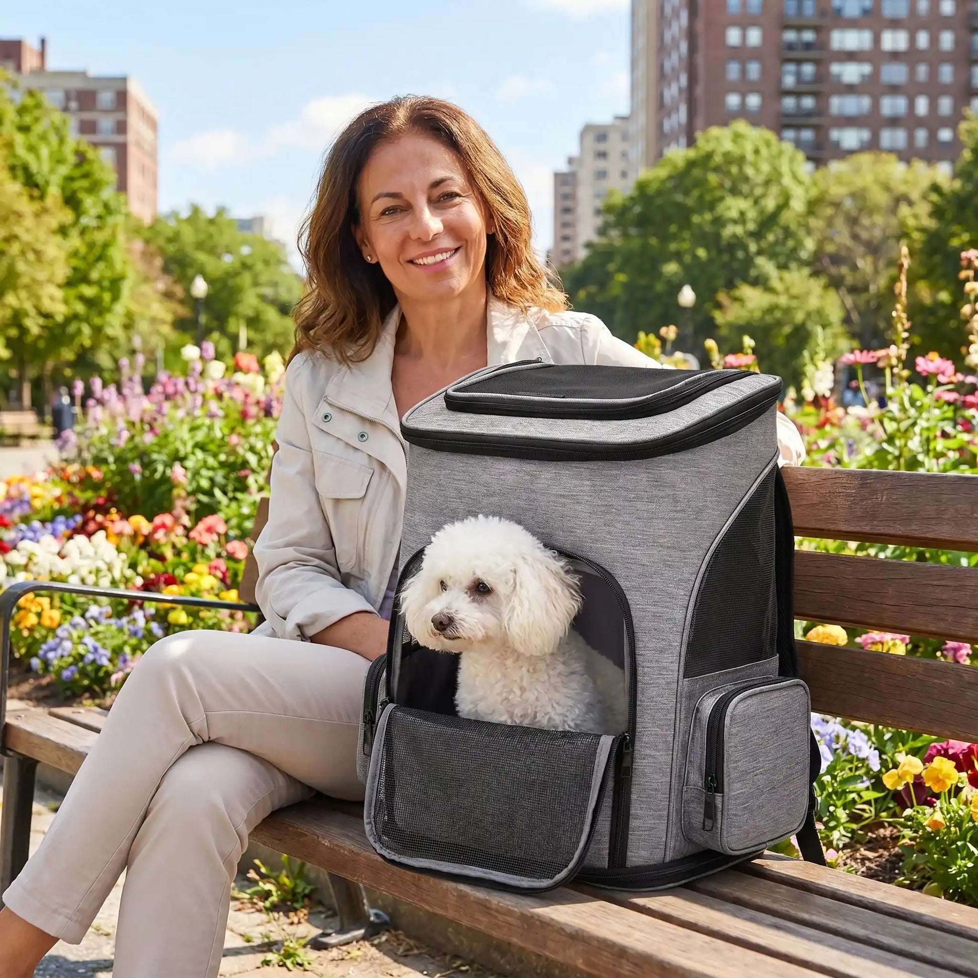 sac a dos pour chien banc 